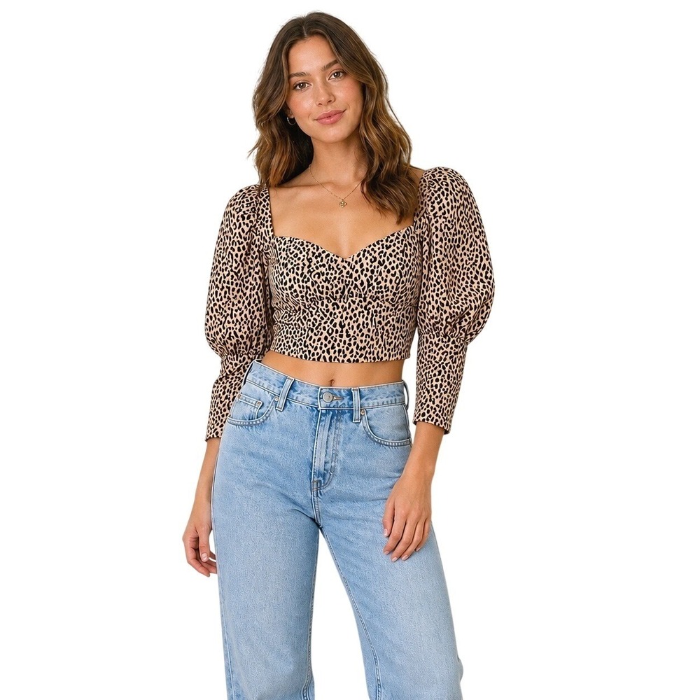 Zara Leopard Sweetheart Puff Sleeve Crop Top Medium Corset Coquette Indie Sleaze